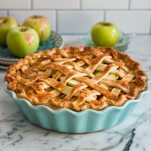Apple pie with a lattice crust on a marble countertop with green apples in the background.