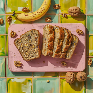 Sliced banana bread on a pink cutting board with walnuts on a colorful tiled background