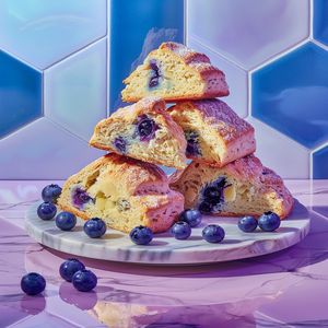 Stack of blueberry scones on a marble board with a blue tiled background