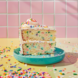 Slice of funfetti cake on a teal plate with a pink tiled background