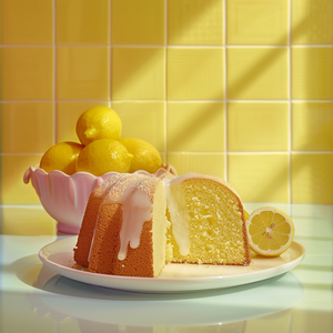 Lemon cake with a slice cut out on a plate against a yellow tiled wall.