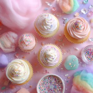 Pastel-colored cupcakes with pink cotton candy and sprinkles on a colorful background