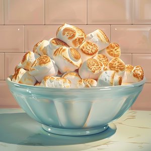 Bowl of toasted marshmallows with a pink tiled wall background